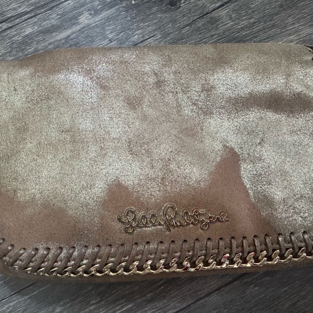 Lilly Pulitzer Brand Metallic Taupe Suede Clutch with Chain Detail